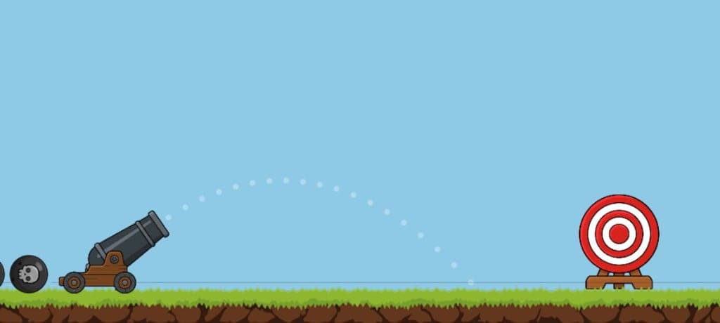 Python game preview: a cannon firing along an arc at a target