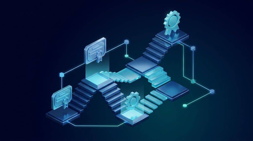 Isometric illustration of ascending certification steps with badges, representing the best Python certifications ranked by career path