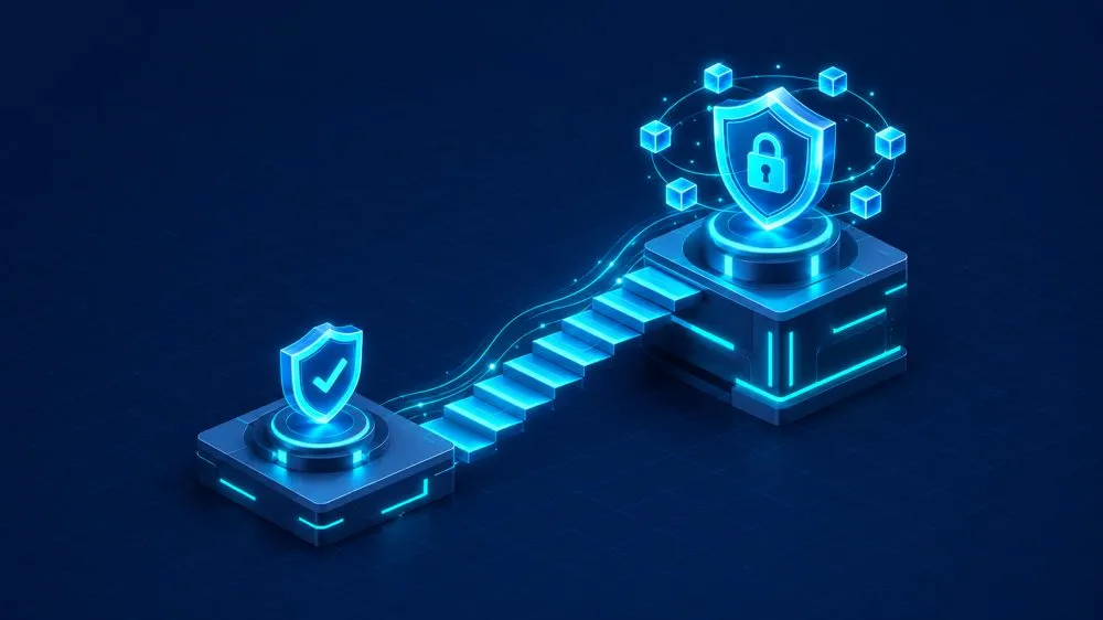 CISSP vs Security+: isometric staircase from an entry-level shield to an advanced shield