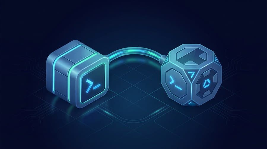 PowerShell vs Bash comparison: two isometric terminal blocks connected by a cyan cable