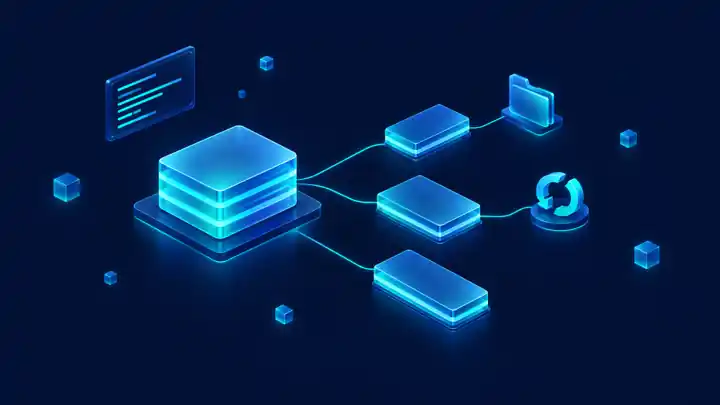 Linux lsblk command: isometric disk block branching into partitions like a device tree, linked to a folder, a swap ring, and a terminal