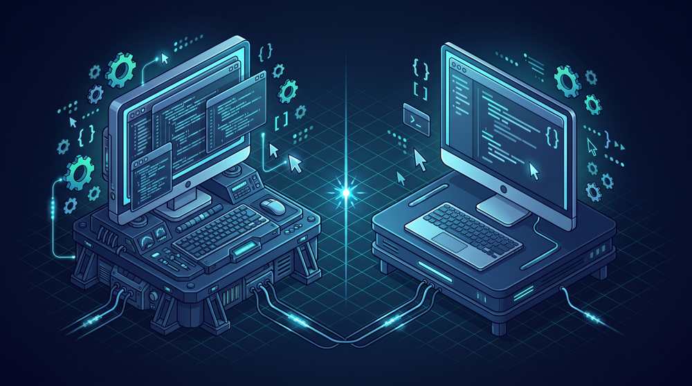 Isometric illustration comparing PyCharm vs VS Code as Python editors