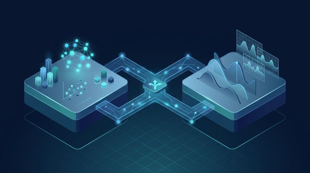 Python vs R comparison illustrated as two isometric data platforms connected by a forking path