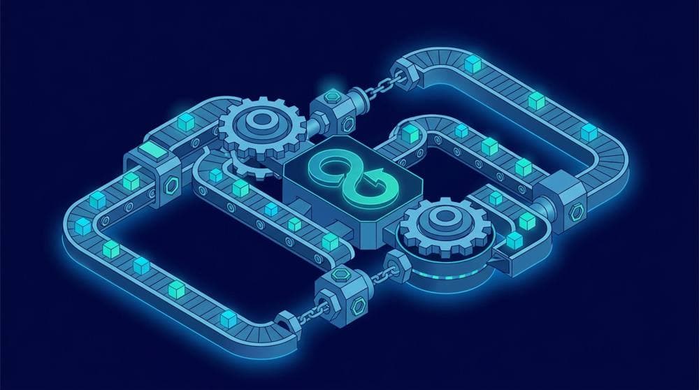 Isometric illustration of gears and looping conveyor pipelines representing the Python itertools module