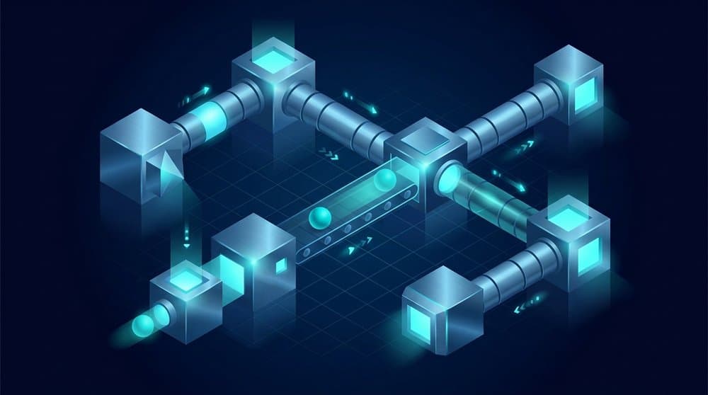Isometric illustration of a data pipeline moving values one at a time, representing Python generators and lazy iteration
