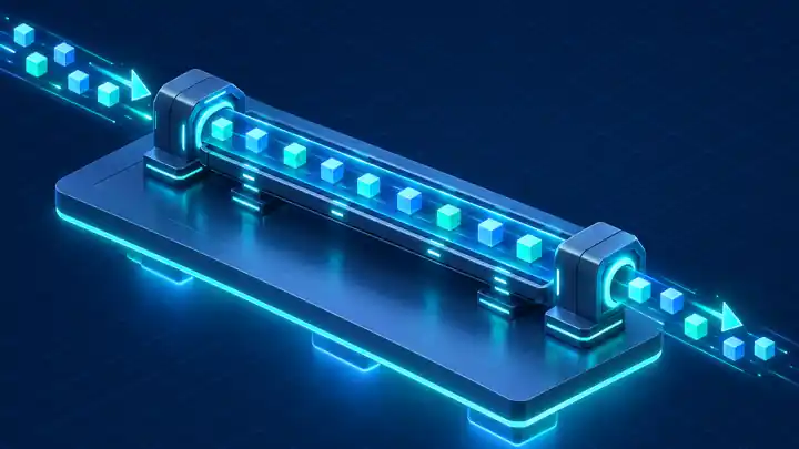 Isometric illustration of a Python deque as a double-ended data pipeline with blocks entering and leaving both ends