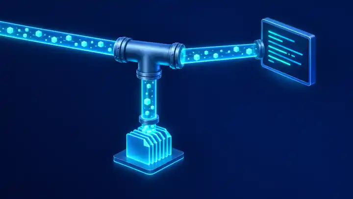Linux tee command: isometric T-shaped pipe splitting a data stream into a terminal screen and a stack of saved files