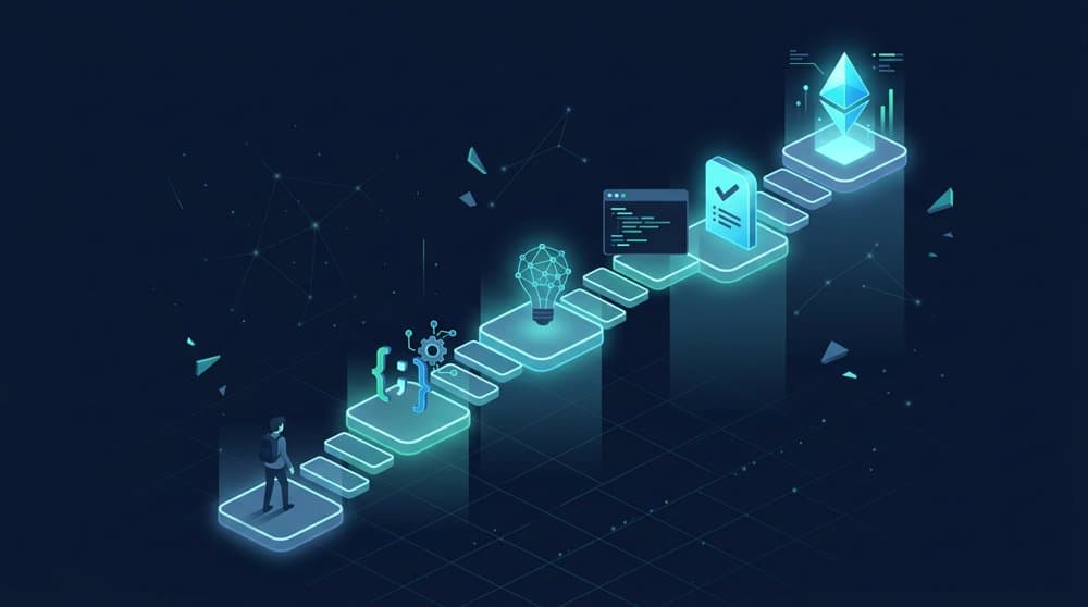 How to learn coding illustrated as an isometric staircase roadmap of milestones from beginner to goal