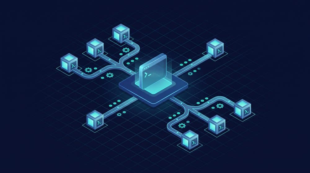 Isometric illustration of argparse subcommands branching from a central terminal