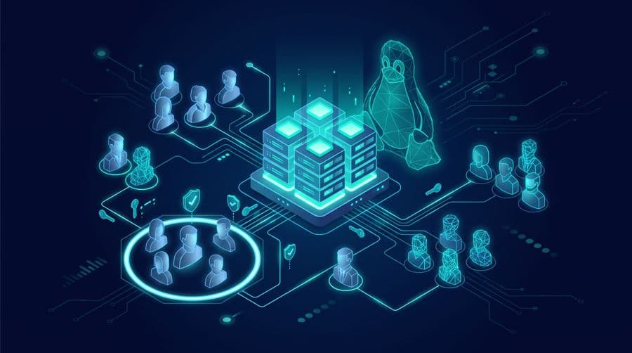 Linux user management - isometric server with user avatars grouped into a highlighted group