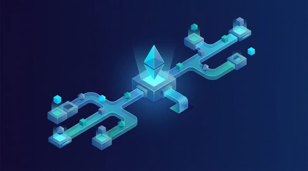 Isometric illustration of a bash if statement as a branching decision node in a shell script, dark blue