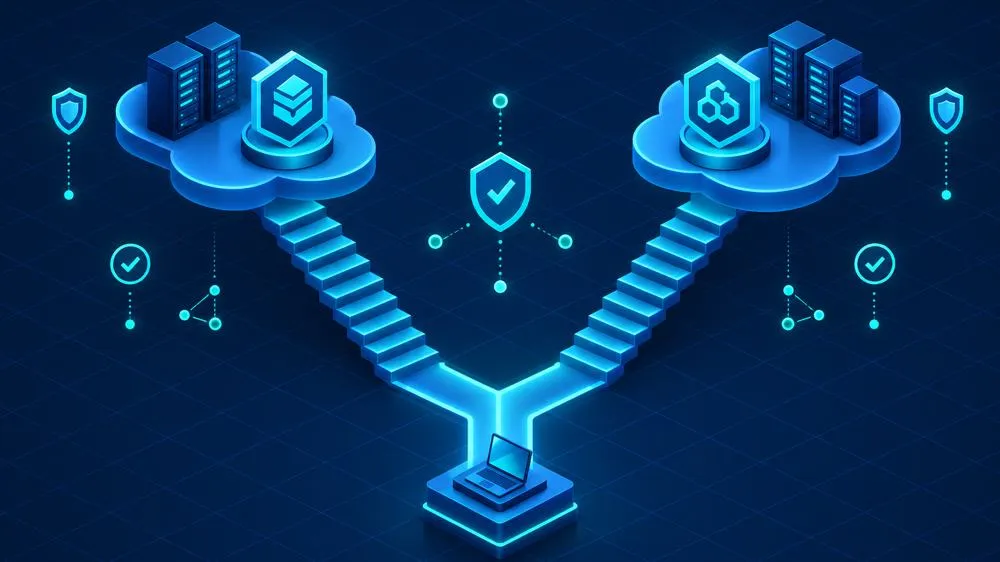 AWS vs Azure certification: two cloud certification paths branching from one laptop