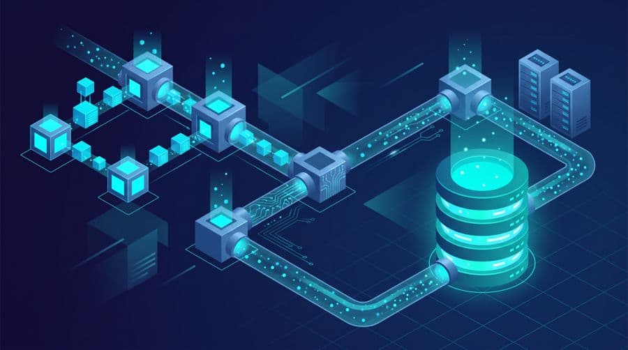 How to become a data engineer - isometric data pipeline flowing into a database