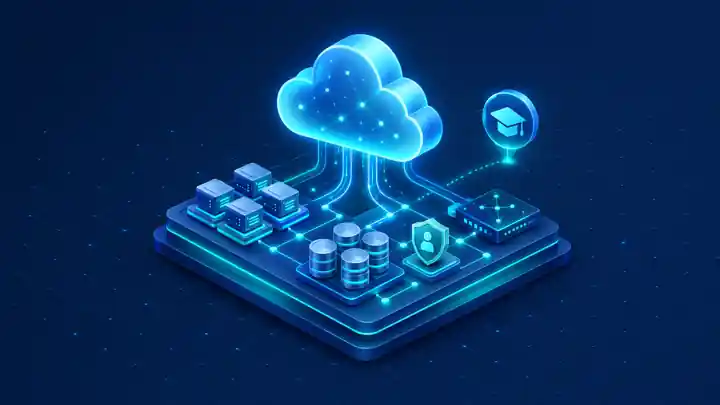 Isometric illustration for the AZ-900 certification guide showing an Azure-style cloud above virtual machines, storage, networking, and identity components
