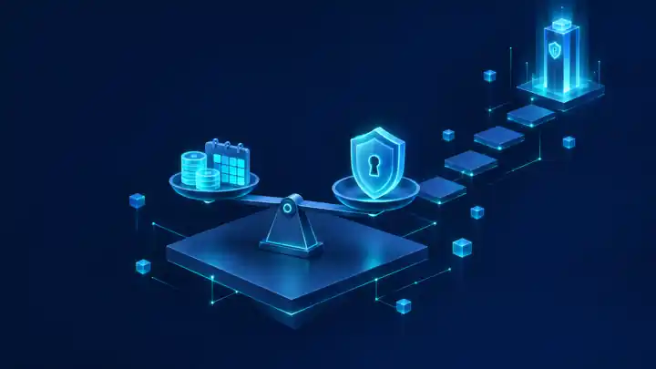 Is CISSP worth it: isometric balance scale weighing coins and a calendar against a security shield, with platforms rising to a security tower