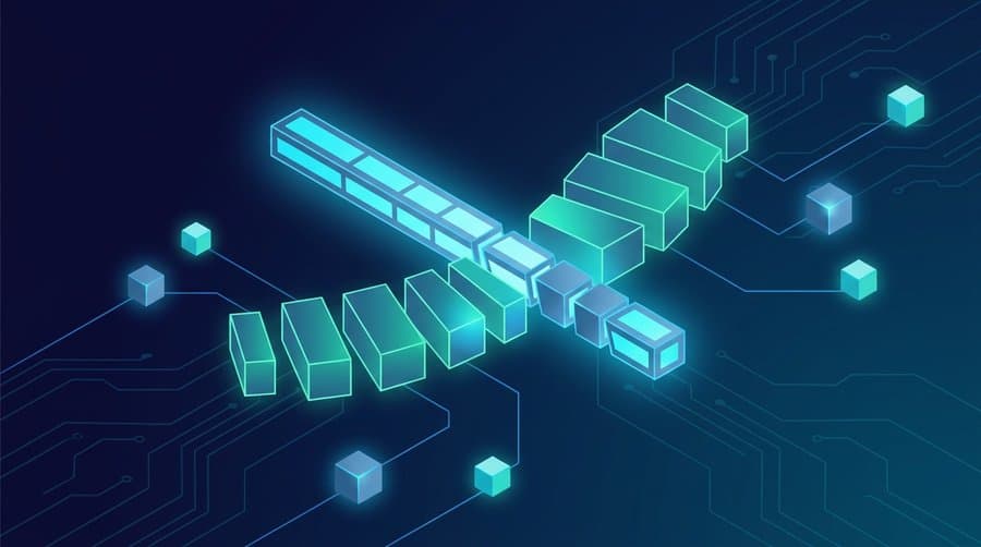 Python string split concept: an isometric string bar breaking into separate segment blocks