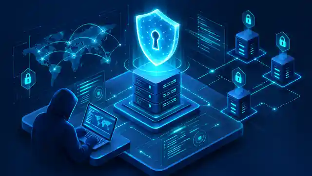 Isometric illustration of a security shield over servers representing the CEH certification for ethical hacking