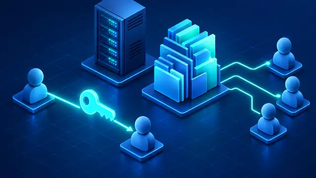 Isometric illustration of the chown command transferring Linux file ownership from one user to another