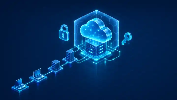 How to become a cloud security engineer: isometric shielded cloud above servers with a lock, key, and a stepped career path of devices