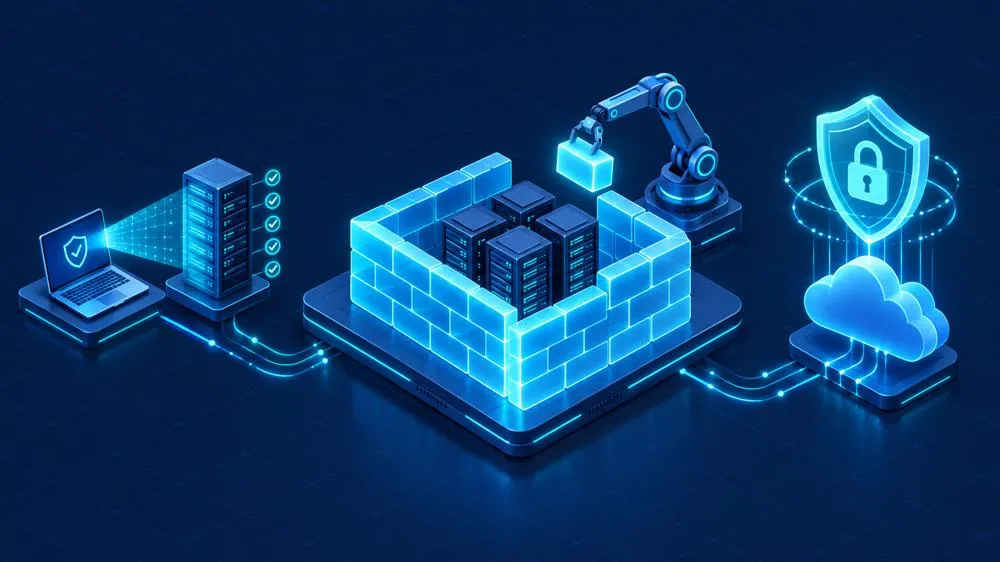 How to become a security engineer: isometric firewall being built around servers with a cloud shield