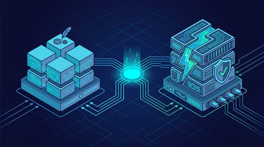 fastapi vs flask - isometric comparison of two Python web frameworks, a lightweight block stack and a high-performance server with validation shield