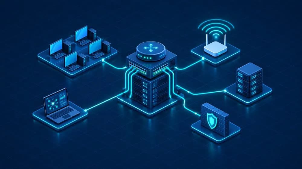 How to become a network administrator: isometric core switch connected to office PCs, Wi-Fi, servers, and a firewall