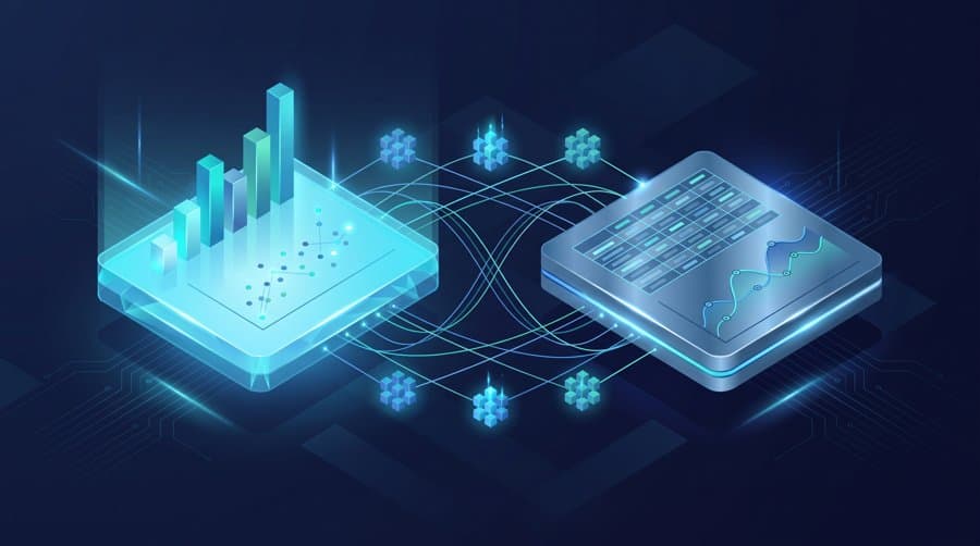 R vs Python for data analysis - two isometric panels comparing charts and a data table with array icons