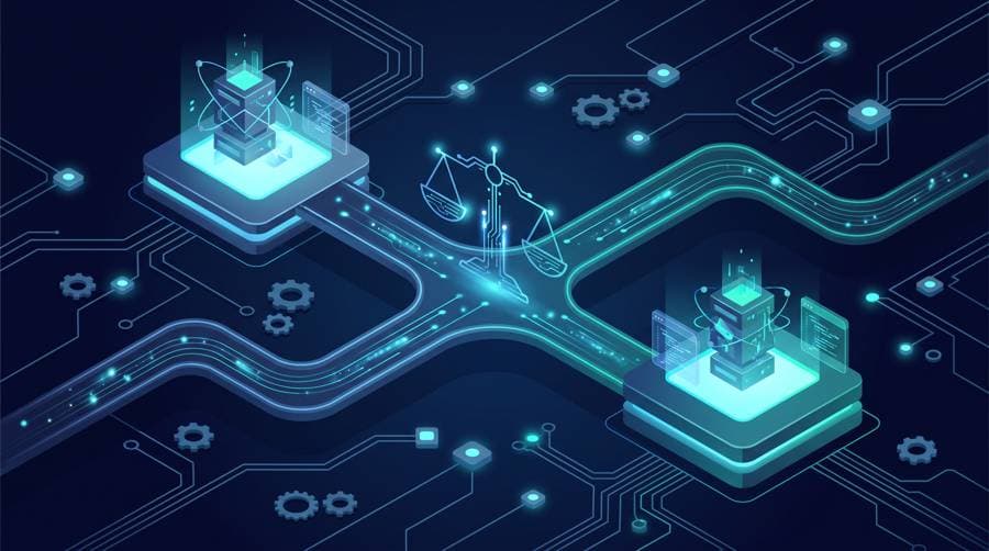 Python vs Node.js comparison - isometric platforms with a balance scale between them