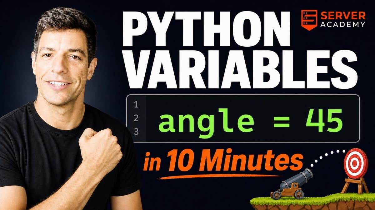 Python Variables thumbnail showing the code angle = 45 and a cannon aimed at a target
