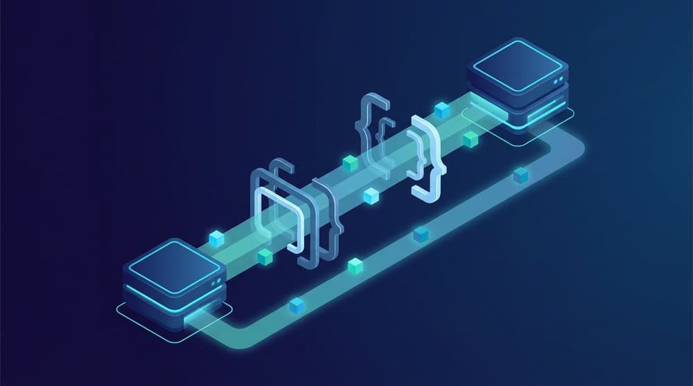Isometric illustration of working with JSON in Python, showing key-value data and brace structures flowing between two servers