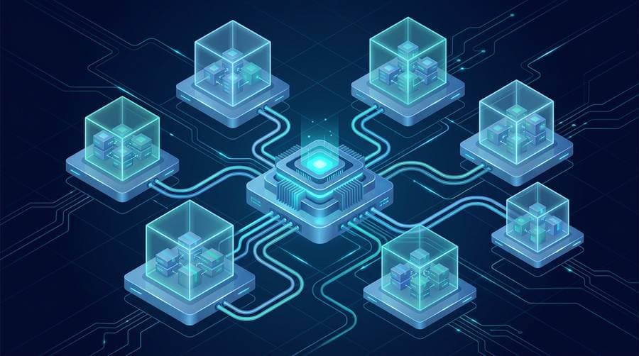 Isometric illustration of a Python virtual environment: isolated package containers connected to a central hub