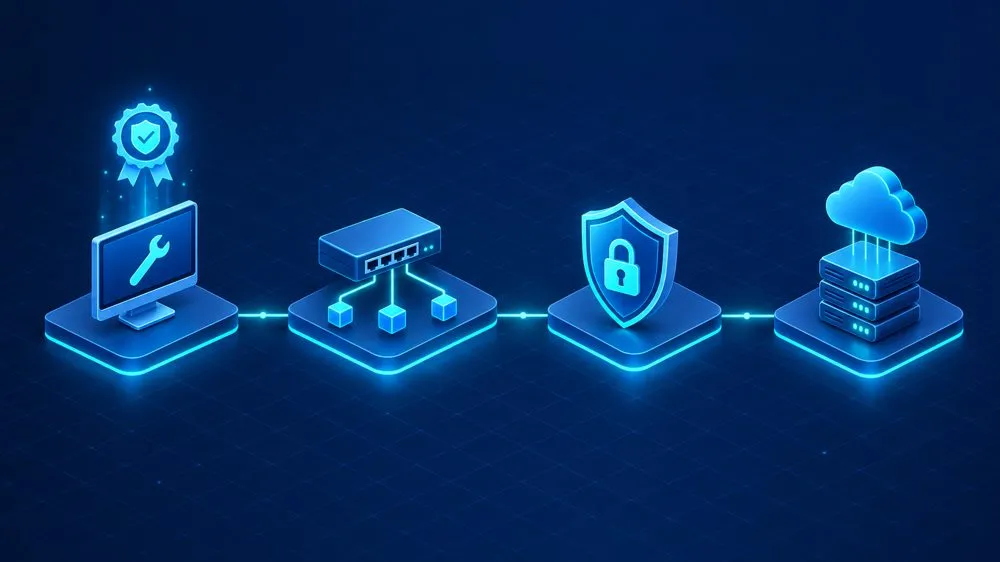IT certifications for beginners: isometric path from IT support to networking, security, and cloud