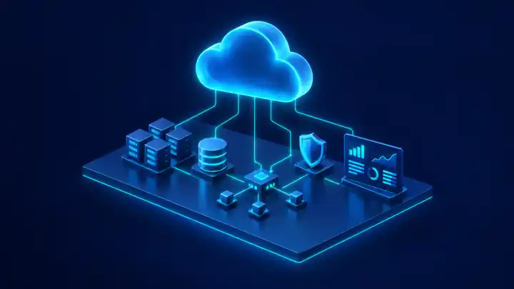 AZ-104 certification: isometric Azure cloud connected to virtual machines, storage, networking, security, and monitoring