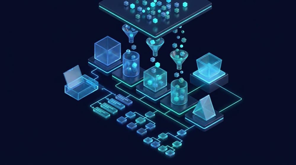 Isometric illustration of Python defaultdict grouping and counting data into buckets