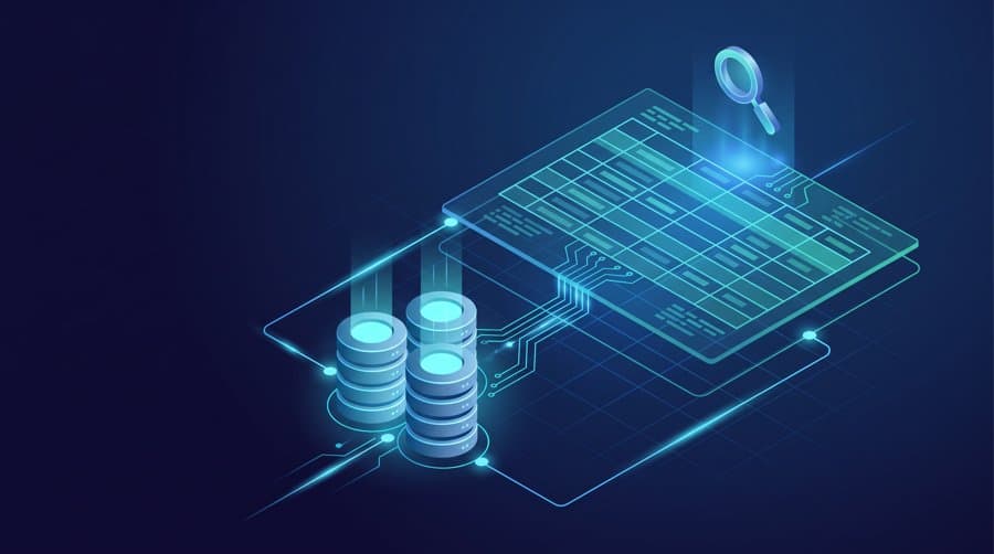Is SQL hard to learn - isometric database cylinders connected to a data table with a query magnifying glass