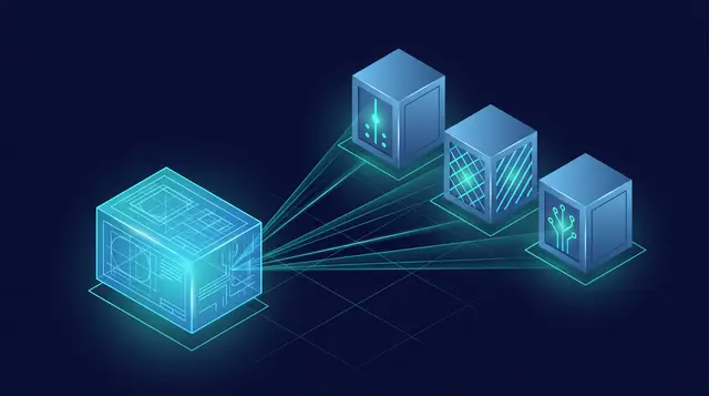Isometric illustration of a Python class blueprint projecting beams that create three object instances