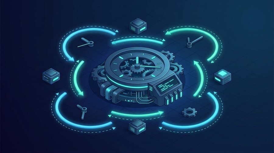 Linux cron jobs concept: isometric clock and gear mechanism scheduling automated tasks