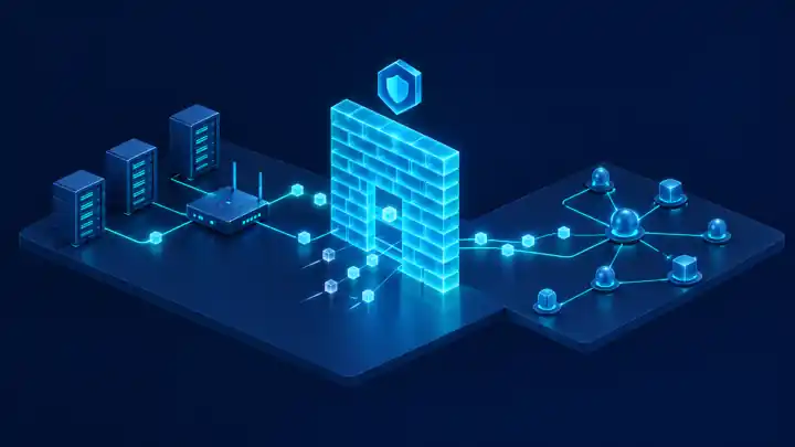 How to become a network security engineer: isometric firewall wall filtering data packets between servers and a network