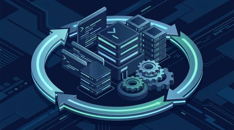 Isometric illustration of a bash while loop as a circular loop arrow around terminal and server blocks