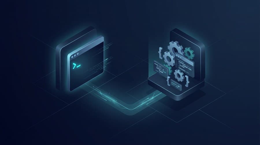 Isometric terminal shell and code blocks illustrating python vs bash for scripting and automation
