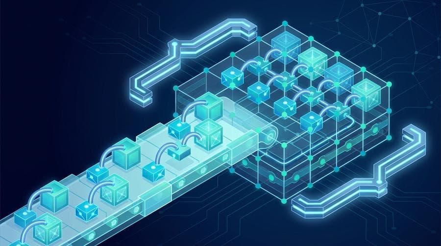 Isometric illustration of items flowing into a structured grid of key-value blocks, representing a Python dictionary comprehension