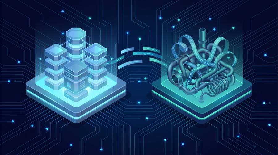 Python vs Perl - isometric comparison of clean readable code blocks versus a dense text-processing tangle