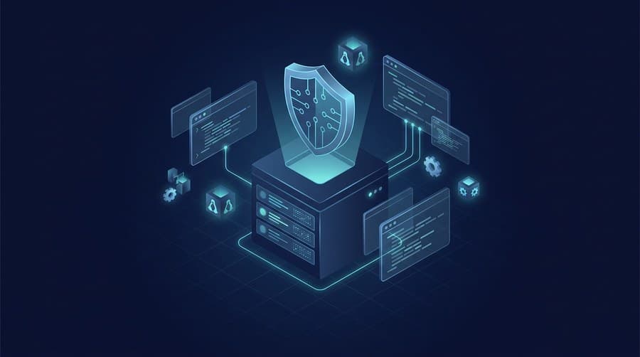Isometric illustration representing the CompTIA Linux+ certification with a Linux server and security shield