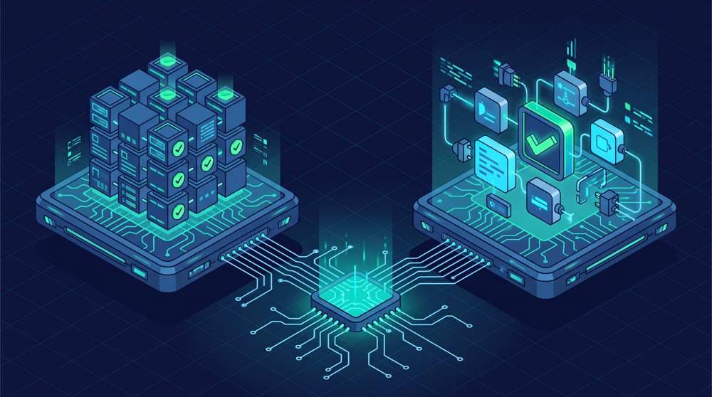 pytest vs unittest - isometric comparison of two Python testing frameworks, a class-based block grid and a modular function-based layout with fixtures
