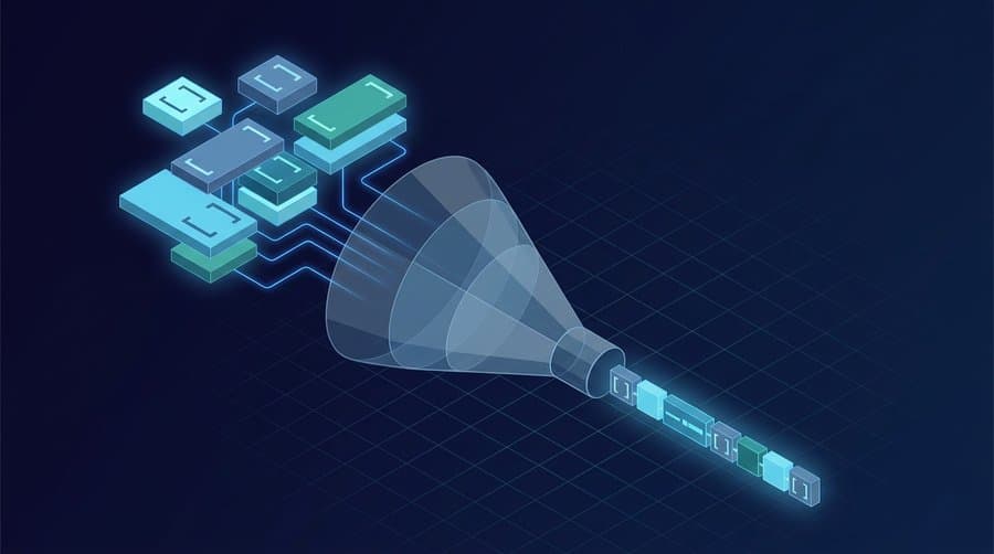 Isometric illustration of a Python list comprehension condensing scattered items into one line