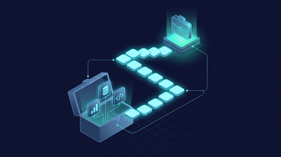 How to become a data analyst without a degree - isometric toolbox of analytics skills leading to a job
