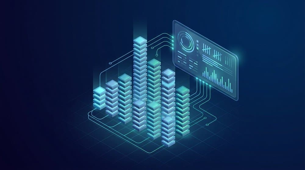 Isometric illustration of a python counter tallying grouped item stacks with a frequency dashboard