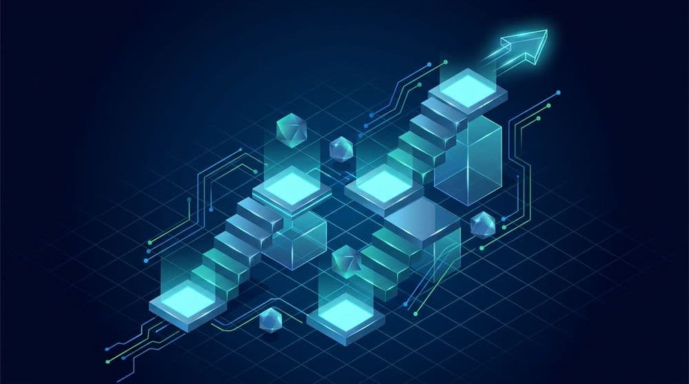 Isometric ascending staircase roadmap representing the step-by-step path to become a Python developer