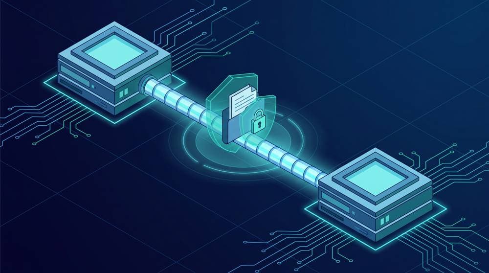 scp command illustration - securely copying files between two servers over an encrypted SSH connection with a padlock shield