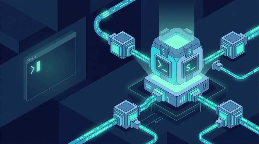 Isometric illustration of bash functions as one reusable code block called from many places